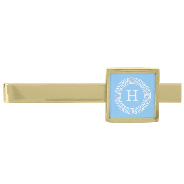 Sky Blue Wht Greek Key Rnd Frame Initial Monogram Gold Finish Tie Bar (Front)