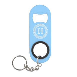 Sky Blue Wht Greek Key Rnd Frame Initial Monogram Keychain Bottle Opener