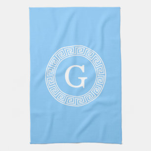 Sky Blue Wht Greek Key Rnd Frame Initial Monogram Kitchen Towel