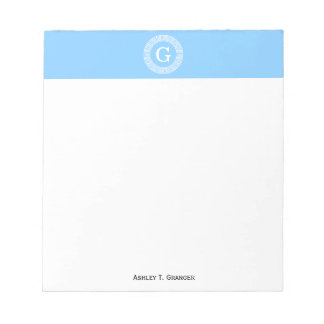 Sky Blue Wht Greek Key Rnd Frame Initial Monogram Notepad