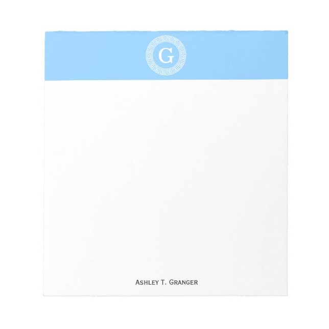 Sky Blue Wht Greek Key Rnd Frame Initial Monogram Notepad (Front)