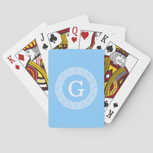 Sky Blue Wht Greek Key Rnd Frame Initial Monogram Poker Cards (Back)