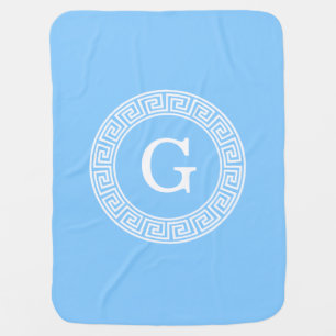 Sky Blue Wht Greek Key Rnd Frame Initial Monogram Receiving Blanket