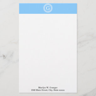 Sky Blue Wht Greek Key Rnd Frame Initial Monogram Stationery
