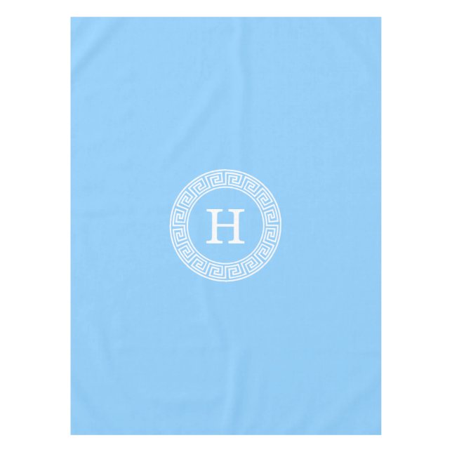 Sky Blue Wht Greek Key Rnd Frame Initial Monogram Tablecloth (Front)