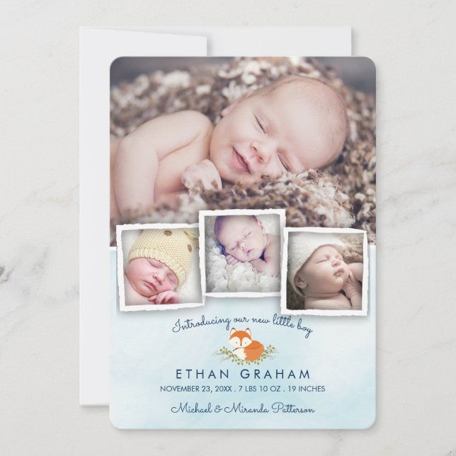 Sky Blue Woodland Fox Baby Boy Birth Announcement (Front)