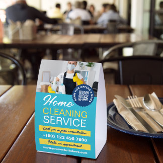 Sky Blue Yellow Home Cleaning Photo & QR Code Paper Table Tent