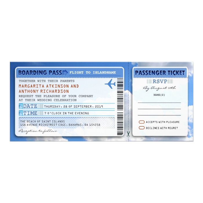 sky boarding pass wedding ticket invite with rsvp