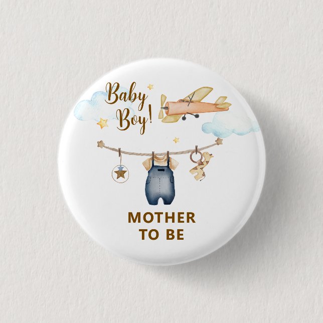 Sky Clothesline Airplane Mother To Be Baby Shower Button (Front)