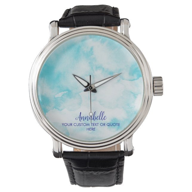 Sky Cloud Watercolor Blue White Watch (Front)