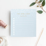 Sky | Confetti Dots Personalized To-Do List Notepad<br><div class="desc">Chic personalized notepad features "to do list" at the top with your name beneath, in dark antique gold lettering on an ethereal pastel sky blue background dotted with white confetti dots raining from the top. Keep track of all your important items with this lined to-do list note pad featuring 10...</div>