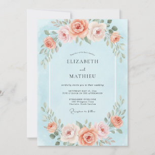 Sky Coral Ranunculus Eucalyptus Wedding Invitation
