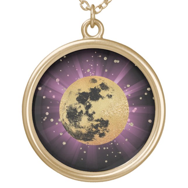 *~* Sky Cosmos Universe Stars Moon Lunar Gold Plated Necklace (Front)