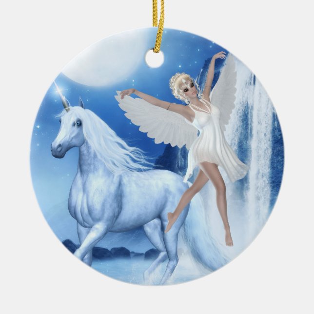 Sky Faerie Asparas and Unicorn Ceramic Ornament (Front)