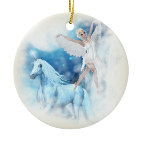 Sky Faerie Asparas and Unicorn Vignette Ceramic Ornament