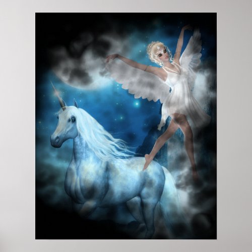 Sky Faerie Asparas and Unicorn Vignette Poster