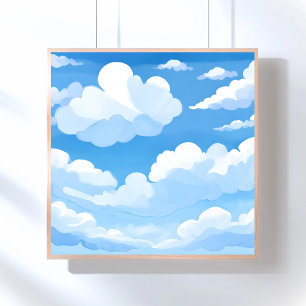 Sky Full of Clouds Watercolor Blue Sky Painting Poster