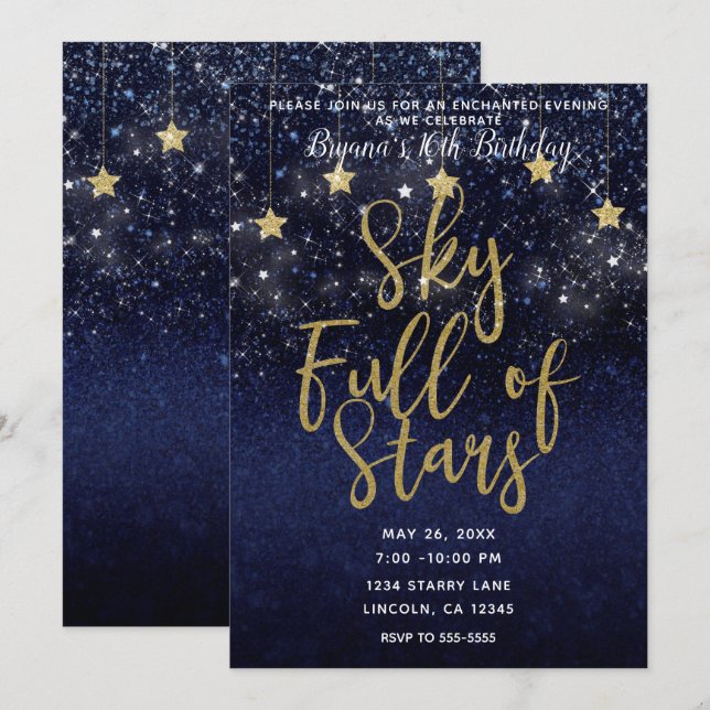 Sky Full of Stars Starry Night Gold Blue Party Invitation (Front/Back)