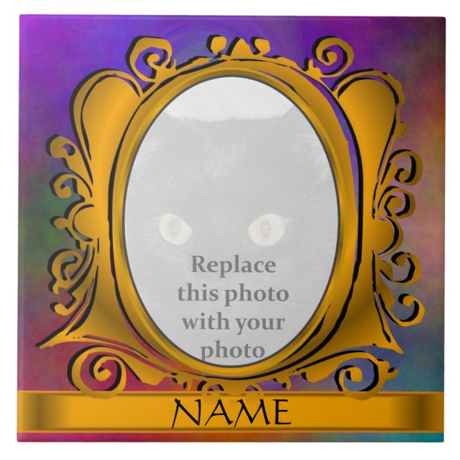 Sky Gold Oval Photo Frame with Name Tile (Front)