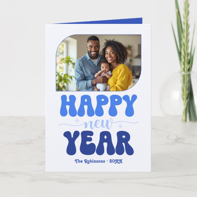 Sky Groove Happy New Year Retro Groovy Photo Holiday Card (Front)