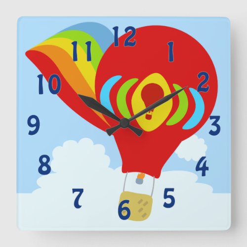 Sky High Rainbow Red Balloon Cartoon Art Square Wall Clock