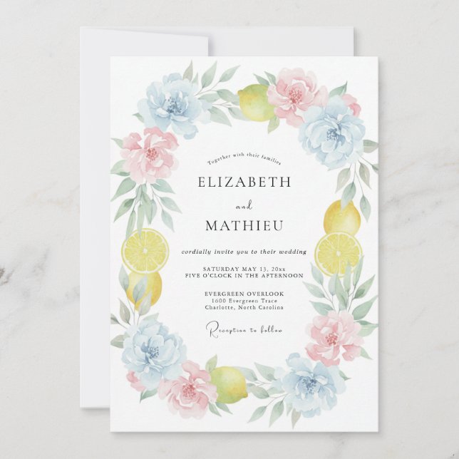 Sky Lemon Wreath Wedding Invitation (Front)