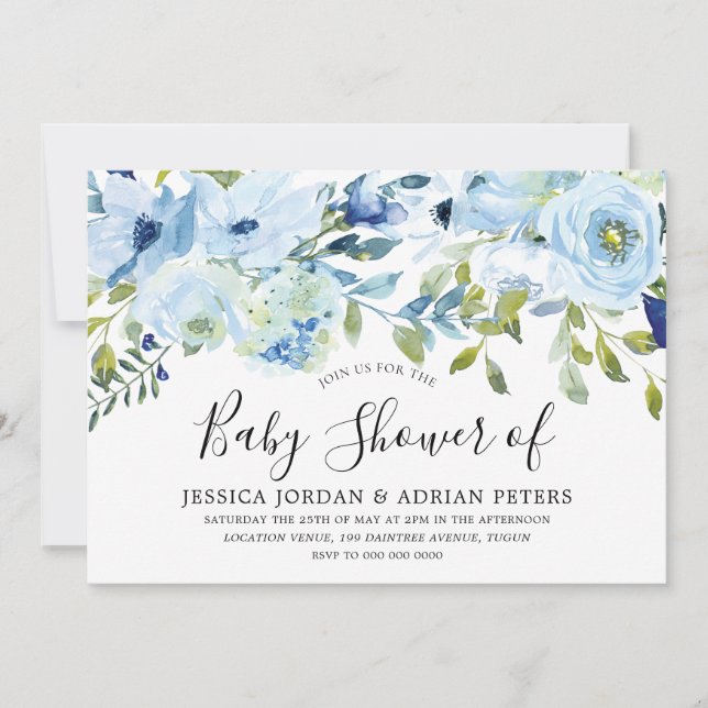 Sky Light blue Watercolor Flowers boy Baby Shower Invitation (Front)