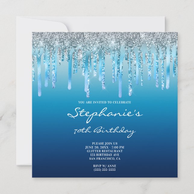 Sky Ocean Blue Ombre Glitter Foil Drip Birthday In Invitation (Front)