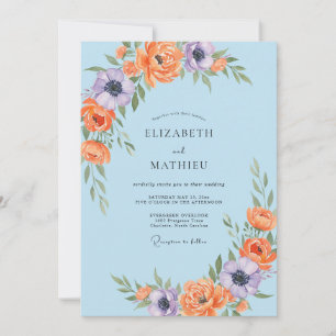 Sky Orange Ranunculus Eucalyptus Wedding Invitation