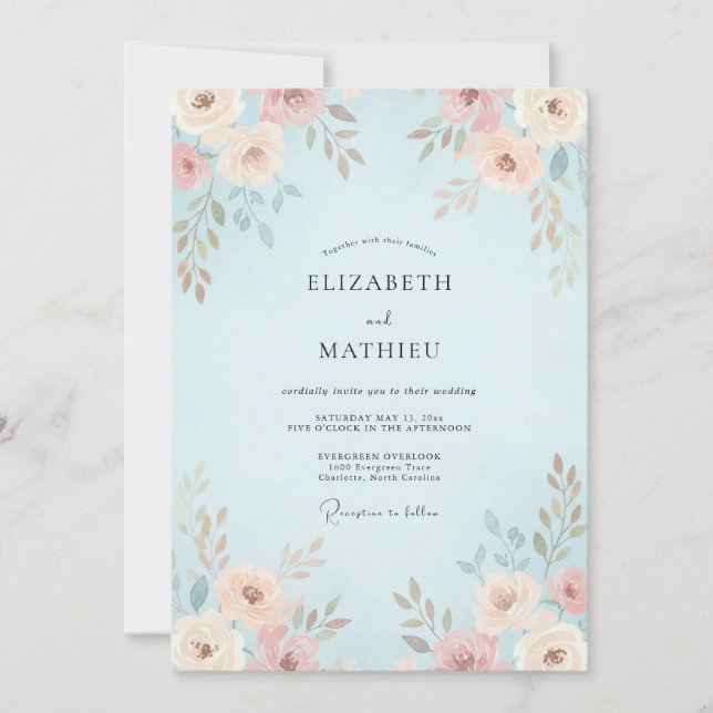 Sky Peach Ranunculus Eucalyptus Wedding Invitation (Front)