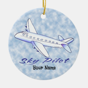 Sky Pilot Blue Airplane Ceramic Ornament