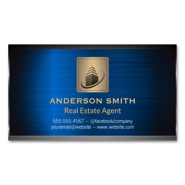 Sky Scraper Building | Blue Metallic Background Business Card Magnet (Front)