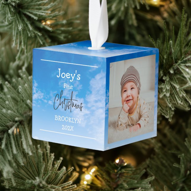 sky theme baby first Christmas three Photo Cube Ornament (Tree)