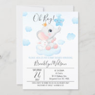 Sky Watercolor Boy's Elephant Baby Shower  Invitation