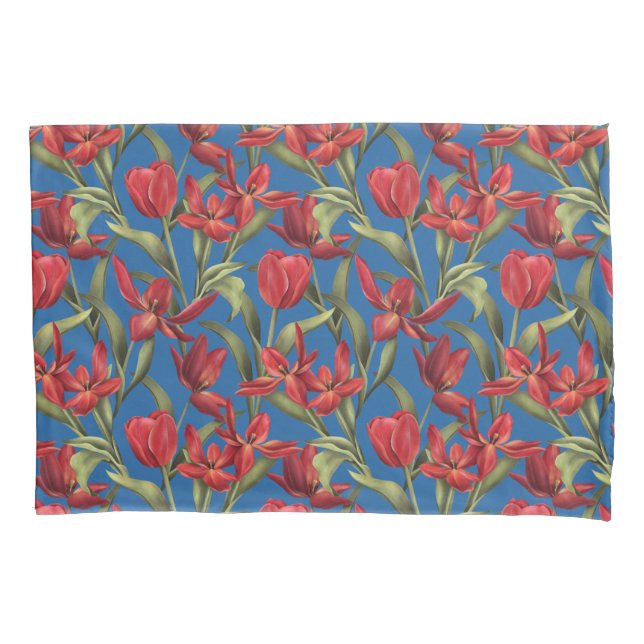 Skydiver Blue background with Red Tulips Pillow Case (Front)