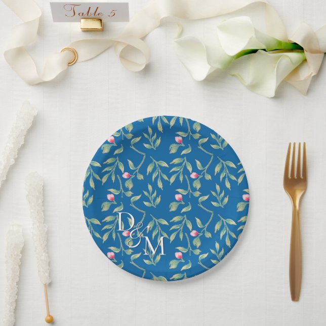 Skydiver Blue Floral  Paper Plates (Wedding)