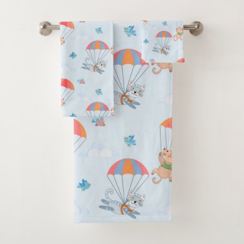 Skydiver Cat Seamless Pattern Bath Towel Set