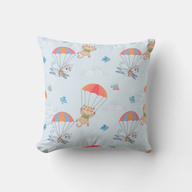 Skydiver Cat Seamless Pattern Throw Pillow (Front)