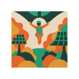 Skydiver Descending Over Solar Powered Landscape Wood Wall Art