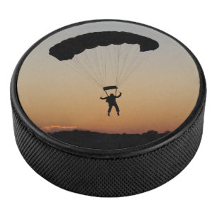 Skydiver Parachute at Sunset  Hockey Puck