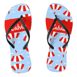 Skydiver with red and white parachute pattern flip flops