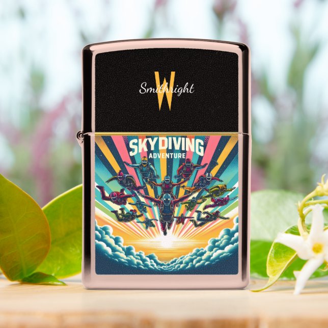 Skydivers Soaring Towards Sunrise Zippo Lighter (On Table)