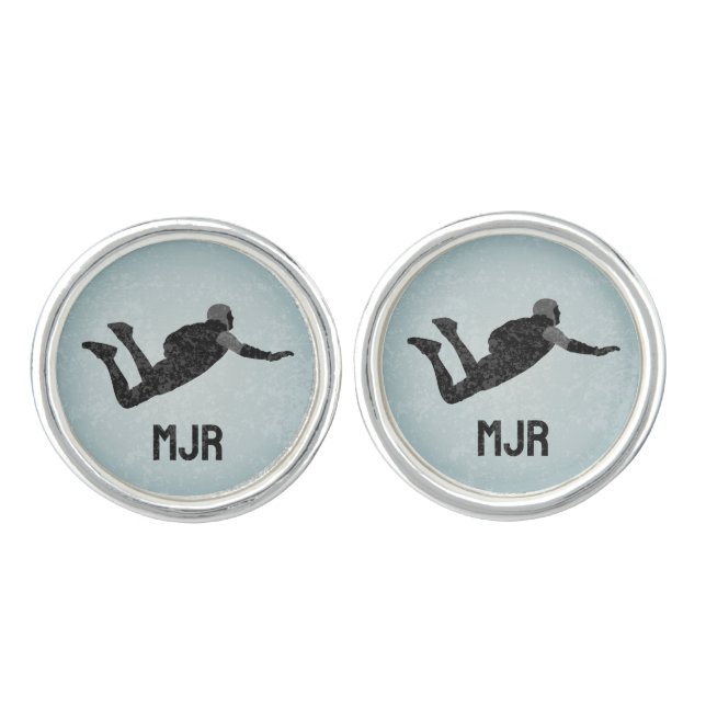 Skydiving on Steel Look Background - his initials Cufflinks (Front)