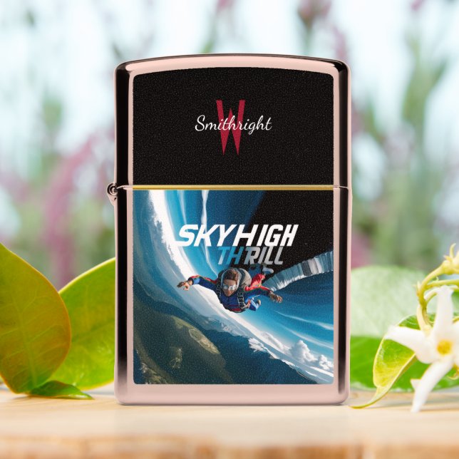 Skydiving Over Majestic Mountains Zippo Lighter (On Table)