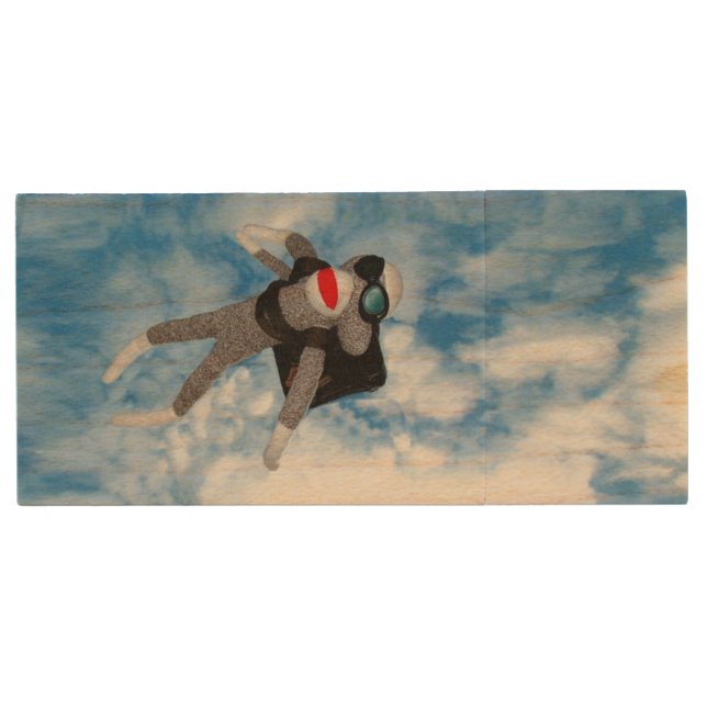 Skydiving Sock Monkey! Wood USB Flash Drive (Front)