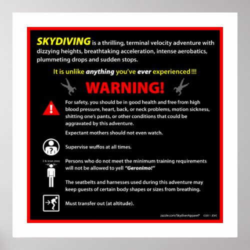 SKYDIVING Theme Park Warning Sign