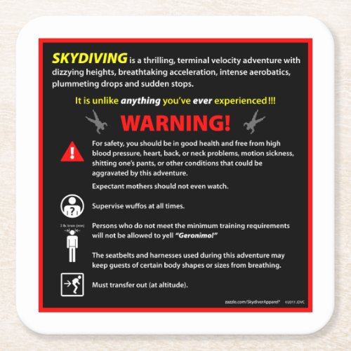 SKYDIVING Theme Park Warning Sign Square Paper Coaster