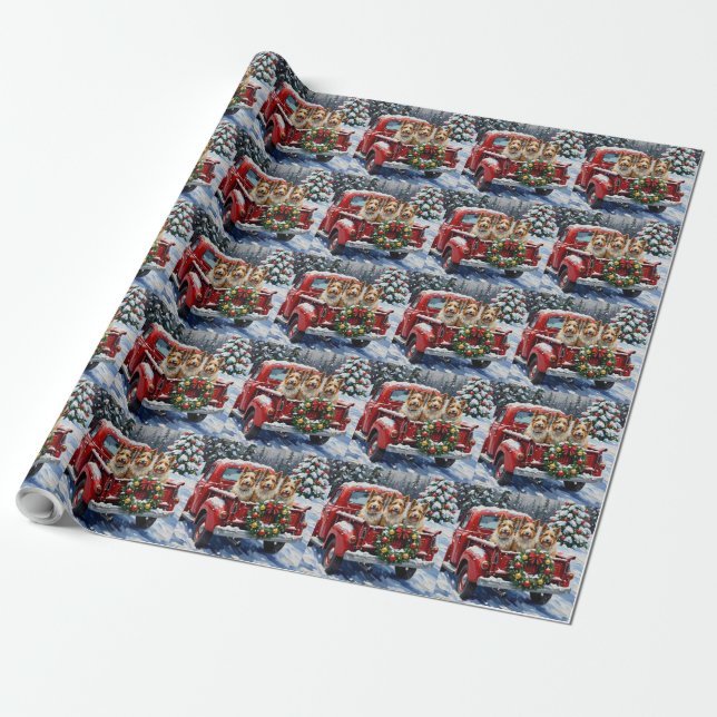 Skye Terrier Christmas Red Truck Holiday Wrapping Paper (Unrolled)