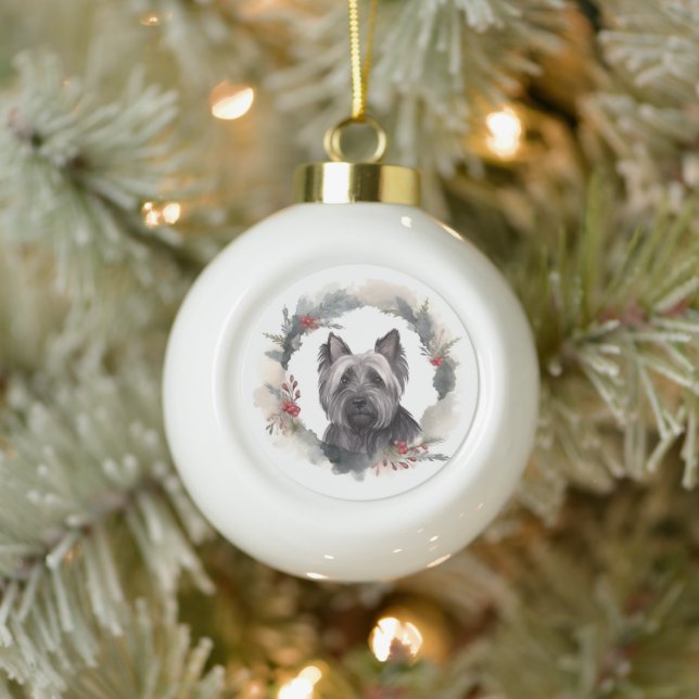 Skye Terrier Christmas Wreath Festive Pup Ceramic Ball Christmas Ornament (Tree)