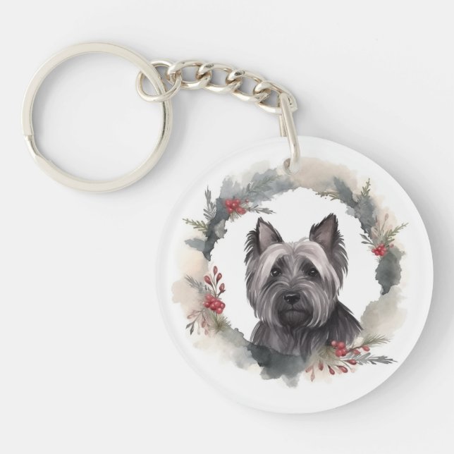 Skye Terrier Christmas Wreath Festive Pup Keychain (Front)